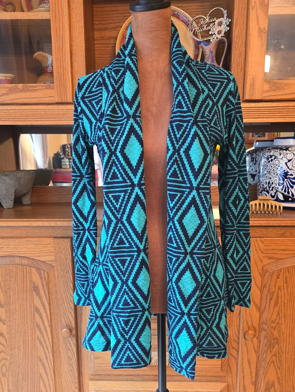 Vanilla Bay Geometric Open-Front Cardigan - Teal & Black